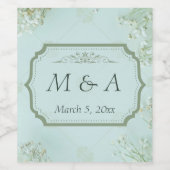 Pastel Blauwgroen Witte Bloemen bruiloft Wijn Etiket (Enkel label)