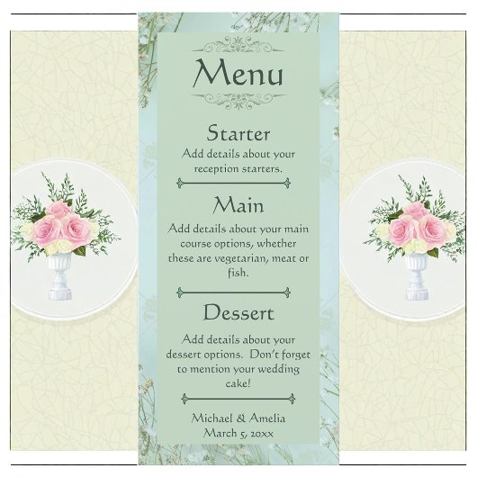 Pastel Blauwgroen Witte Bloemen Wedding Menu