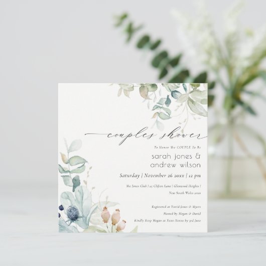 Pastel blauwgroene blad Couples Shower Uitnodiging (Staand voorkant)