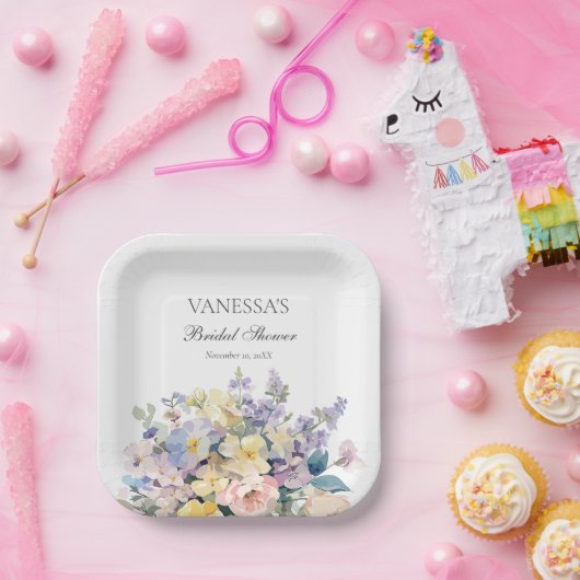 PASTEL BLOEIENDE WILDE BLOEMEN BRUIDS MONOGRAM PAPIEREN BORDJE (Feest)