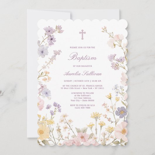 Pastel Bloem Kader Doop Uitnodiging (Voorkant)