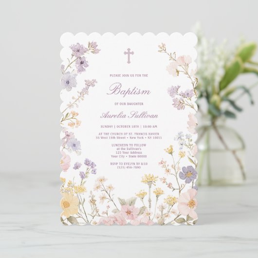 Pastel Bloem Kader Doop Uitnodiging (Staand voorkant)