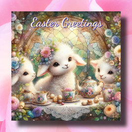 Pastel Bloem Lamb Tea Party Schattige Kinderen Pas Feestdagenkaart
