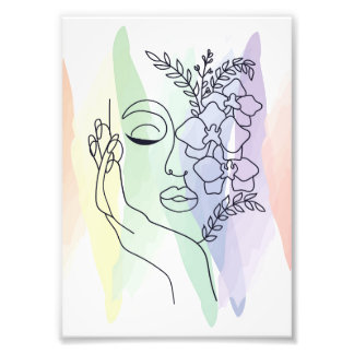 Pastel Bloem Lijn Kunst Gezicht Afdrukbare Muurkun Foto Afdruk