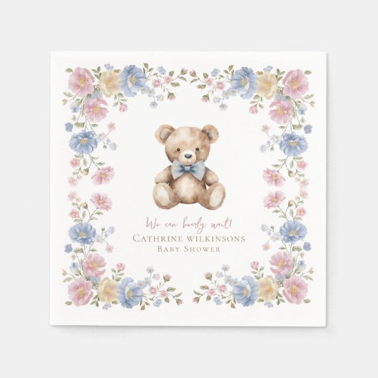 Pastel Bloem Teddy Beer Baby Shower Servetten (Voorkant)