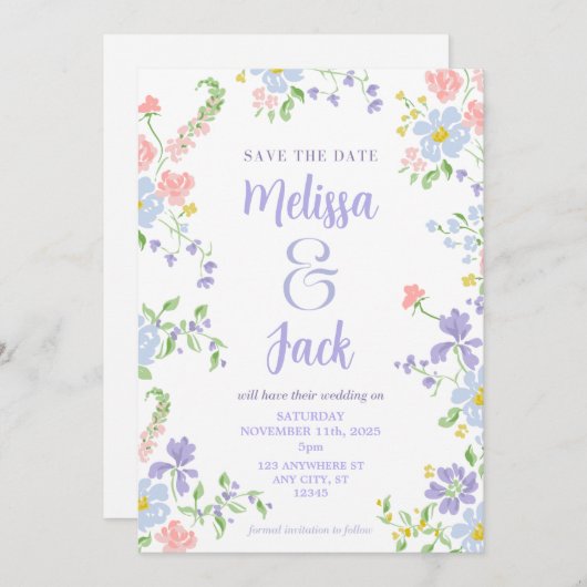 Pastel Bloemachtige Bewaar de Datum Kaart (Voorkant / Achterkant)