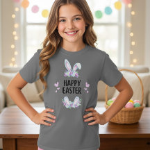 Pastel Bloemachtige Konijnenoren Happy Pasen T-Shi