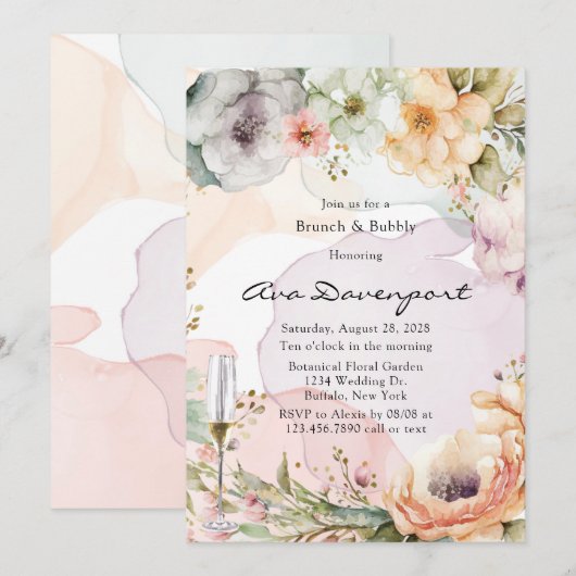 Pastel Bloemen Alcohol Ink Brunch en Bubbly Kaart (Voorkant / Achterkant)