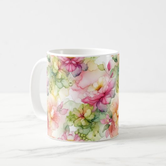 Pastel Bloemen Alcohol Inkt Illustratie Koffiemok (Voorkant links)