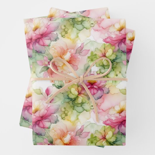 Pastel Bloemen Alcohol Inkt Illustratie Med Print Inpakpapier Vel (In situ)