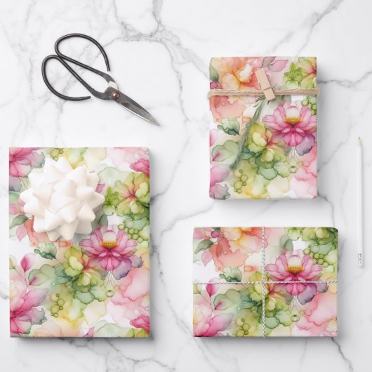 Pastel Bloemen Alcohol Inkt Illustratie Med Print Inpakpapier Vel (Voorkant)