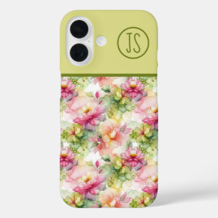 Pastel Bloemen Alcohol Inkt Illustratie Monogram iPhone 16 Hoesje