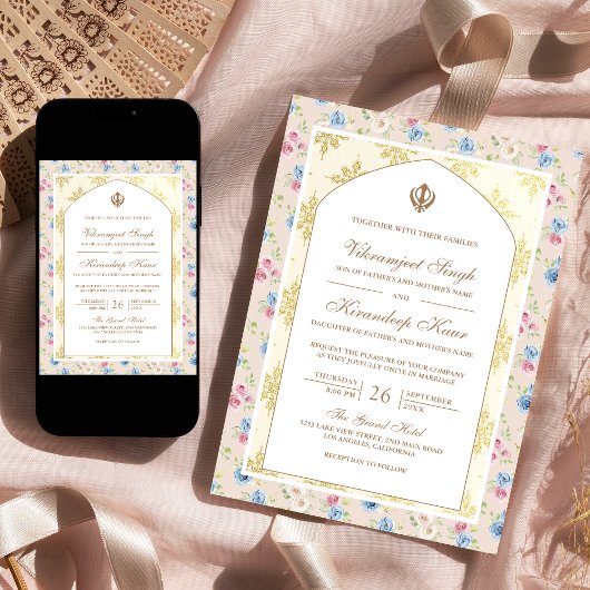 Pastel Bloemen Anand Karaj Punjabi Sikh Bruiloft Kaart