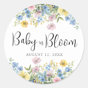 Pastel Bloemen Baby in Bloom Waterverf Uitnodiging Ronde Sticker
