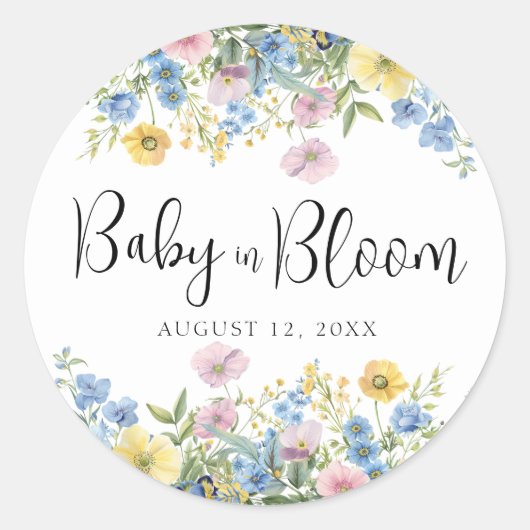 Pastel Bloemen Baby in Bloom Waterverf Uitnodiging Ronde Sticker (Voorkant)