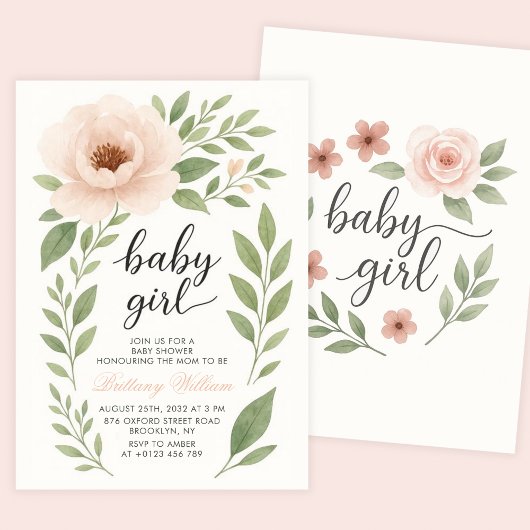 Pastel Bloemen Baby shower Roze Rose Baby Meisje Kaart