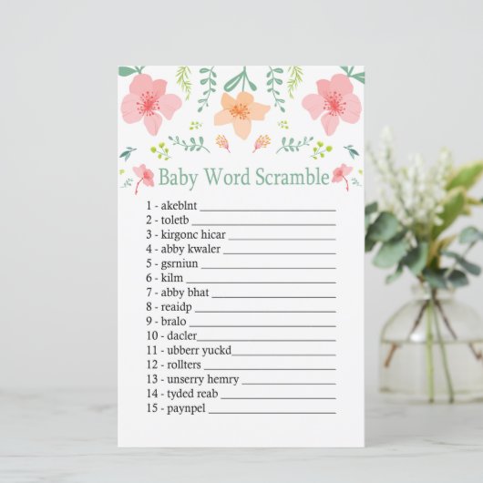 Pastel bloemen Baby word scramble game (Staand voorkant)