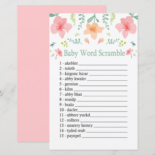 Pastel bloemen Baby word scramble game (Voorkant / Achterkant)