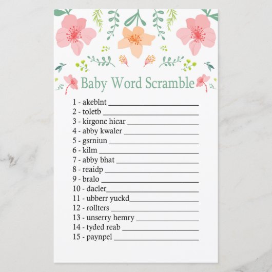 Pastel bloemen Baby word scramble game (Voorkant)