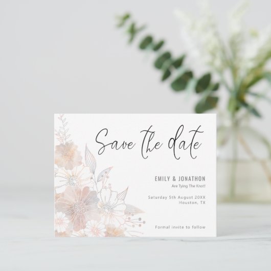 Pastel Bloemen Blush Grijs Bruiloft Save The Date Briefkaart (Staand voorkant)