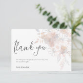 Pastel Bloemen Blush Grijs Script Foto Bruiloft Bedankkaart (Staand voorkant)