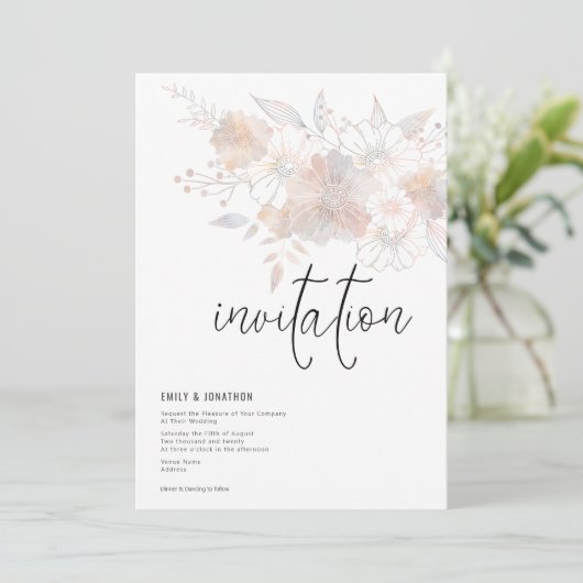 Pastel Bloemen Blush Peach Grijs Bruiloft Kaart (Staand voorkant)