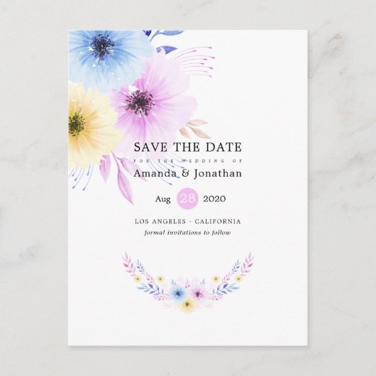 Pastel Bloemen Bruiloft Save the Date Aankondigingskaart (Voorkant)