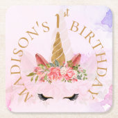 Pastel Bloemen Eenhoorn Verjaardagsfeest Kartonnen Onderzetters (Voorkant)