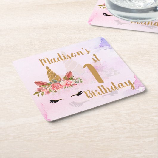 Pastel Bloemen Eenhoorn Verjaardagsfeest Kartonnen Onderzetters (Schuin)