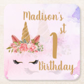 Pastel Bloemen Eenhoorn Verjaardagsfeest Kartonnen Onderzetters (Voorkant)