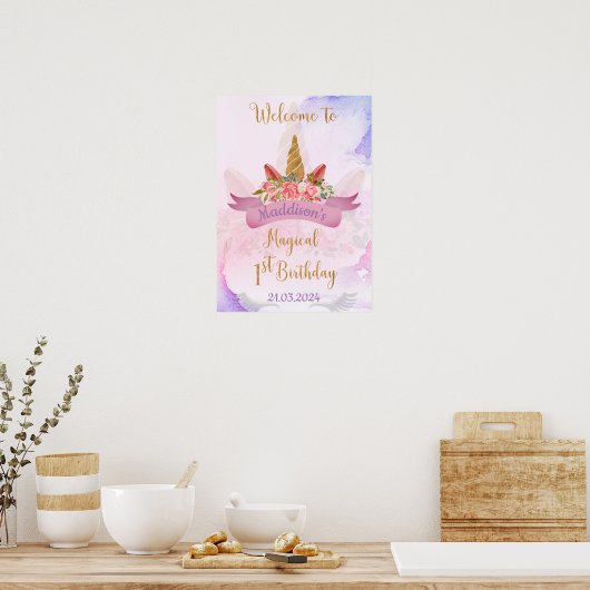 Pastel Bloemen Eenhoorn Verjaardagsfeest Welkom Poster (Keuken)