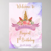 Pastel Bloemen Eenhoorn Verjaardagsfeest Welkom Poster (Voorkant)