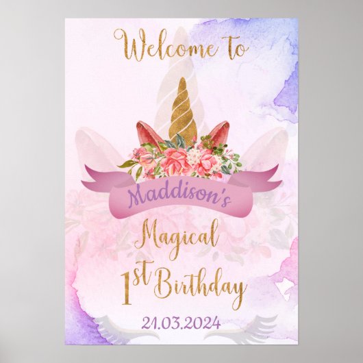 Pastel Bloemen Eenhoorn Verjaardagsfeest Welkom Poster (Voorkant)