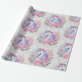 Pastel Bloemen & Eenhoorn Wrapping Paper Cadeaupapier (Uitgerold)