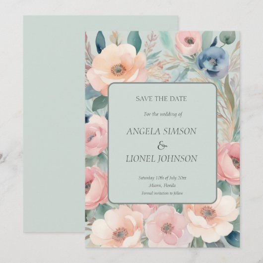 Pastel Bloemen Elegantie Bruiloft Save The Date (Voorkant / Achterkant)