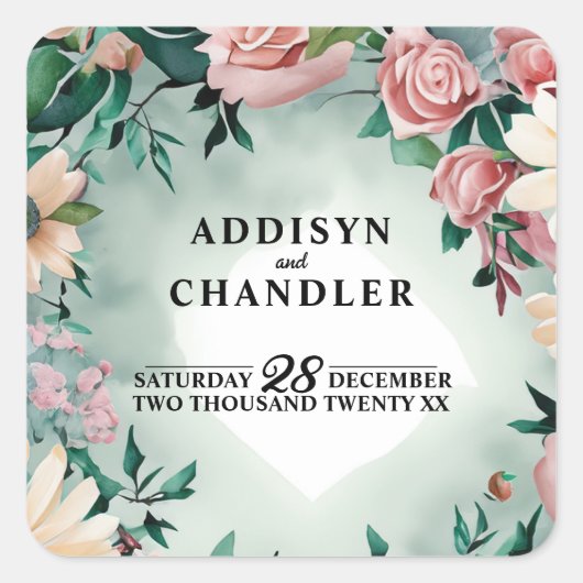 Pastel Bloemen Elegantie: Saliegroen Bloemend Huwe Vierkante Sticker (Voorkant)