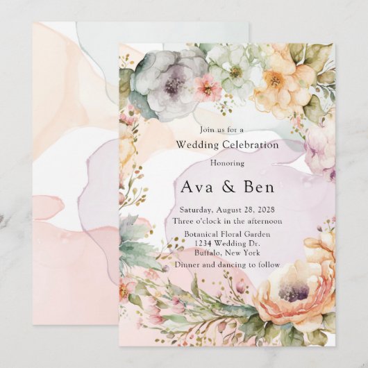 Pastel Bloemen en Alcohol Ink Bruiloft Kaart (Voorkant / Achterkant)