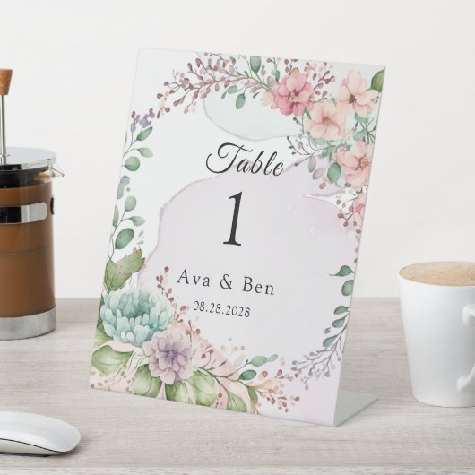 Pastel Bloemen en Alcohol Ink Tafelnummer Reclamebord Met Voetstuk (Insitu)