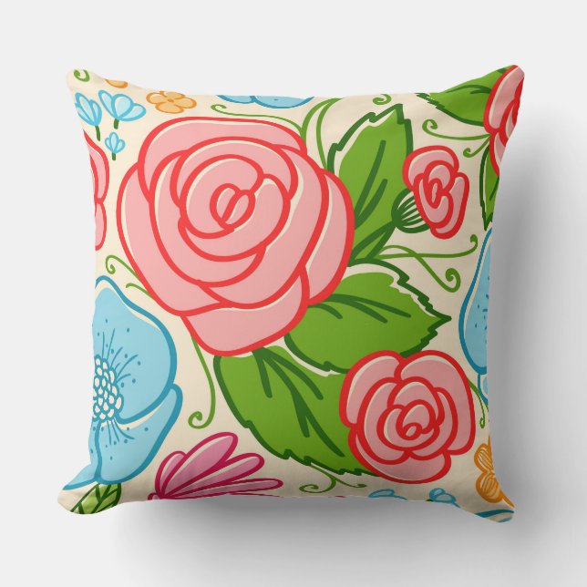 Pastel Bloemen en Rozen- Roze Blauw En Beige 3 Kussen (Voorkant)