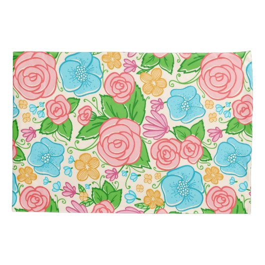 Pastel Bloemen en Rozen - Roze Blauw En Beige Kussensloop (Achterkant)