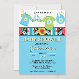 Pastel Bloemen- en ruitenjongen Babyshower Kaart