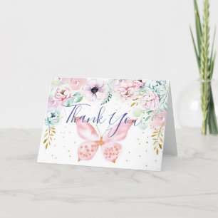 Pastel bloemen- en vlindertaart bedankje voor baby bedankkaart