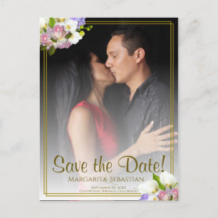 Pastel Bloemen Goud Lijst Bruiloft Save the Date Briefkaart