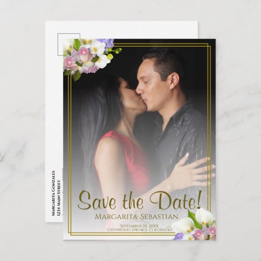 Pastel Bloemen Goud Lijst Bruiloft Save the Date Briefkaart (Voorkant / Achterkant)