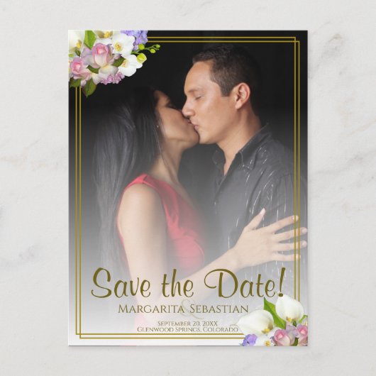 Pastel Bloemen Goud Lijst Bruiloft Save the Date Briefkaart (Voorkant)