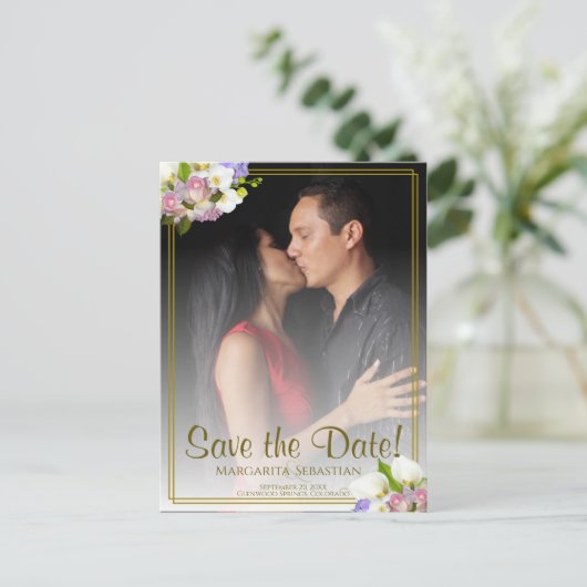Pastel Bloemen Goud Lijst Bruiloft Save the Date Briefkaart (Staand voorkant)