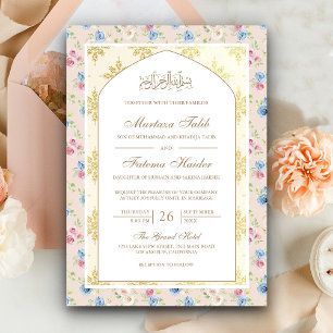 Pastel Bloemen Goud Motief Arch Moslim Bruiloft Kaart