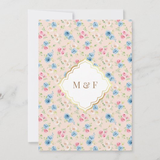 Pastel Bloemen Goud Motief Arch Moslim Bruiloft Kaart (Achterkant)