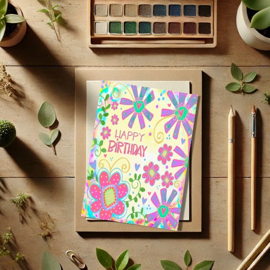 Pastel Bloemen Happy Birthday Trendy Kaart
