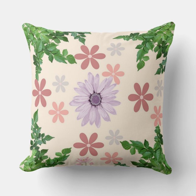 Pastel Bloemen Kussen met Lavendel Daisy & Green L (Voorkant)